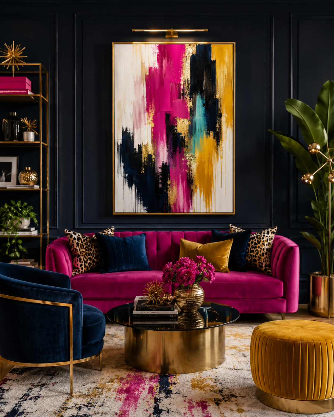 Luxury Fuchsia, Navy & Gold Abstract Wall Art | Printable Digital Download | Modern Glam Decor | Instant Download
